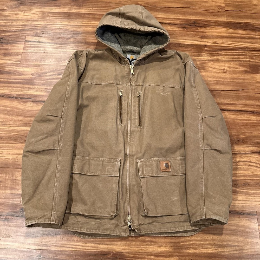 Carhartt Jacket Mens LT Brown Hooded Sherpa Lined Insulated Workwear C98-FRB